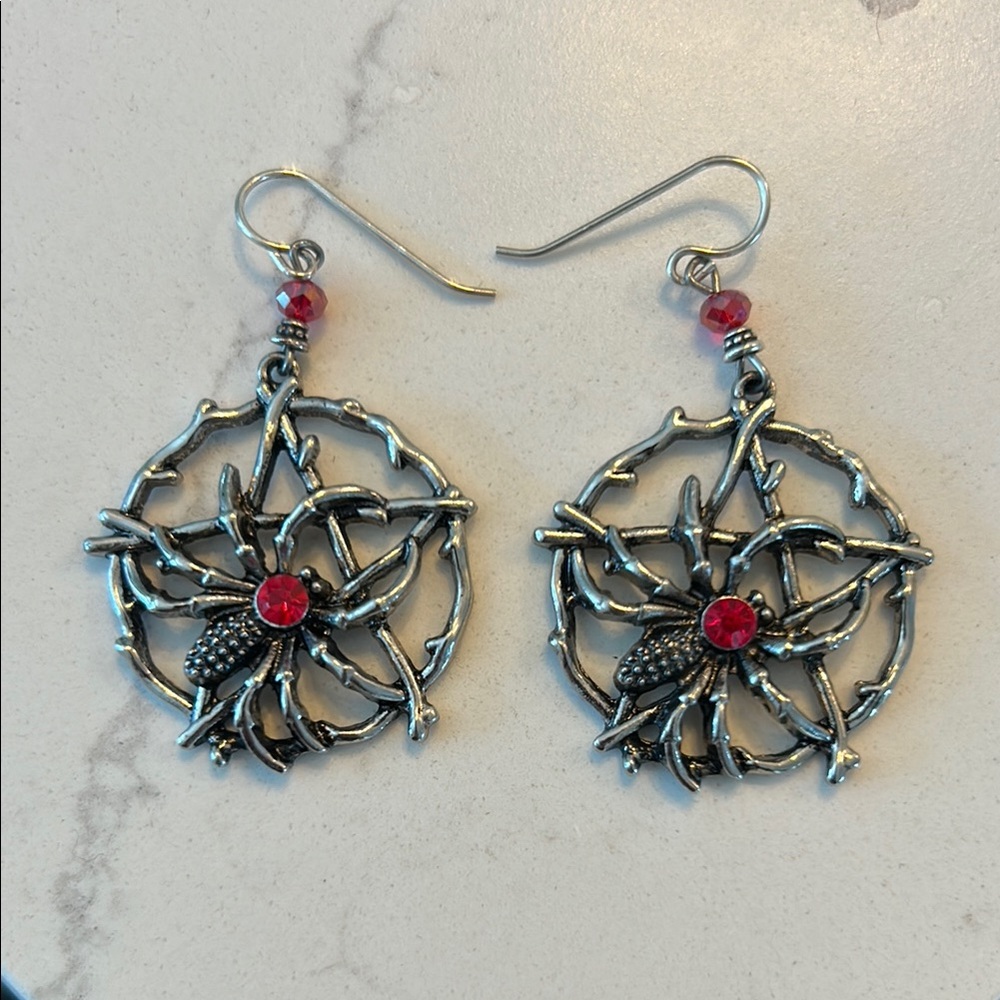 Silver and Red Spider Web Earrings
